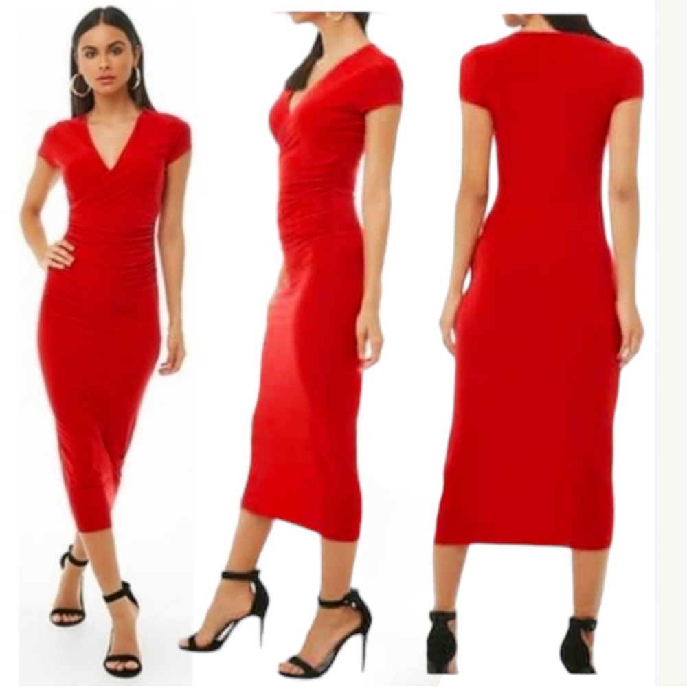 Mocking Jay Surplice V Neck Cap Sleeve Stretchy Bodycon Knit Midi Dress Red M